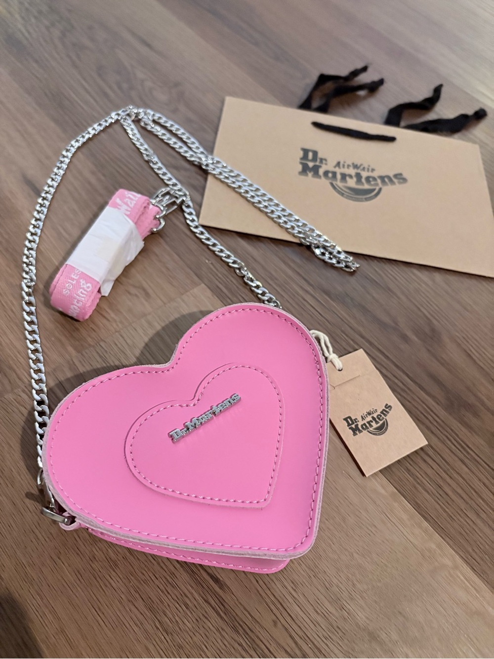 Dr. Martens Pink Heart-Shaped Crossbody Bag with Silver Chain & strap